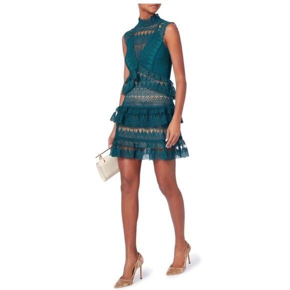 Self-Portrait Guipure Lace Mini Dress Teal Tiered Sleeveless Teardrop Sz 2 - Picture 2 of 16